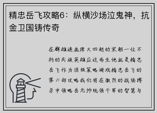 精忠岳飞攻略6：纵横沙场泣鬼神，抗金卫国铸传奇