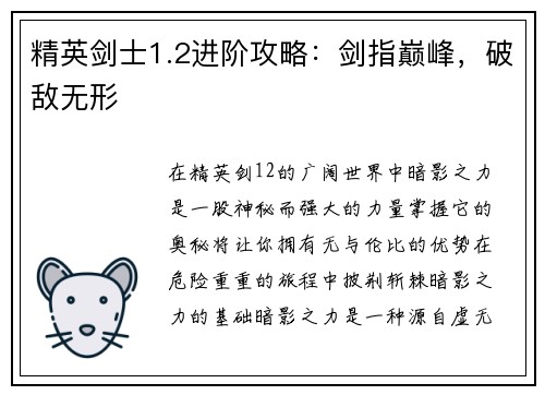 精英剑士1.2进阶攻略：剑指巅峰，破敌无形