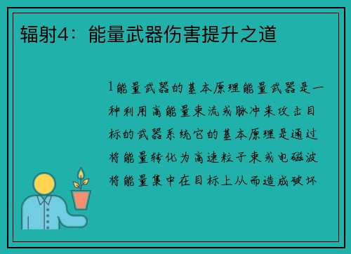 辐射4：能量武器伤害提升之道